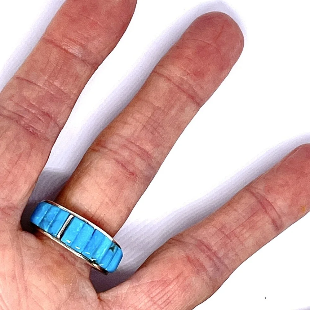 Navajo Turquoise Mens Wedding Band Sz 10.5 Ring 9mm Native Amer Handmade Inlay